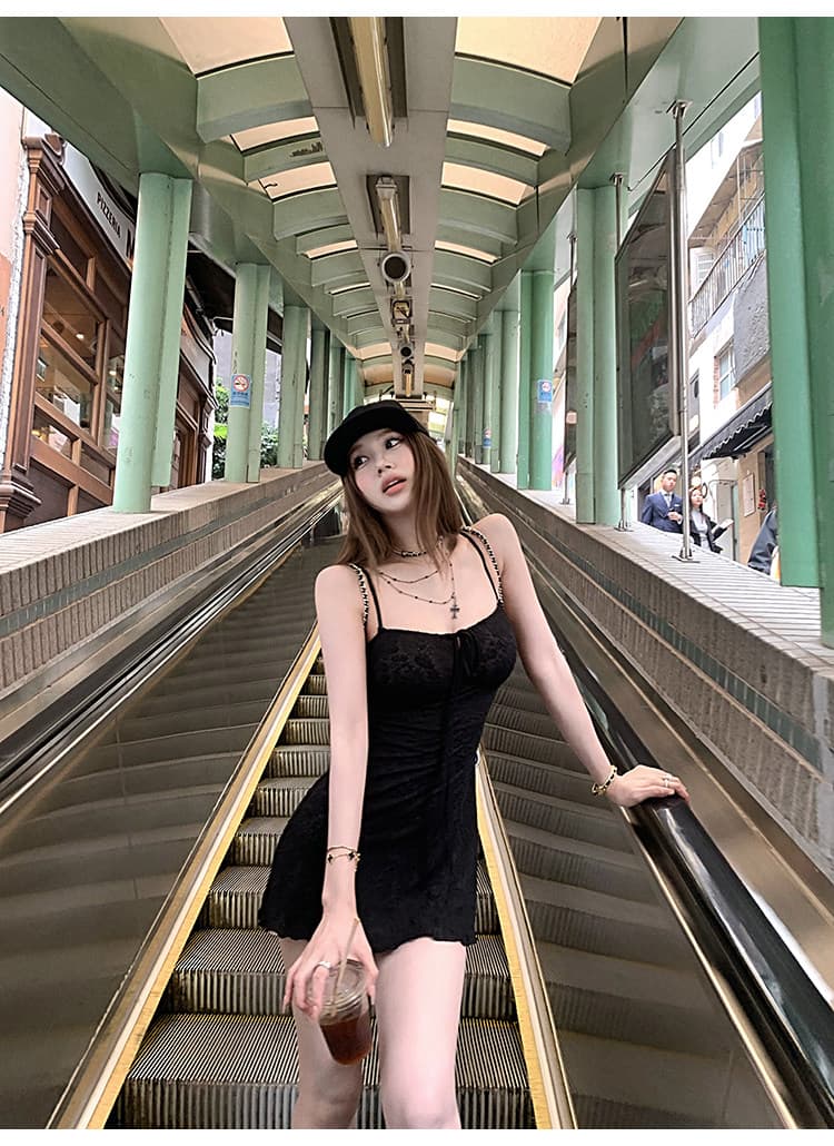 tongiiuu 웨이 팬 모니카 레트로 휴가 질감 슬립 여성 드레스 허리 수축 슬림해 보이는 한 마디 미니 스커트 상세 이미지 15