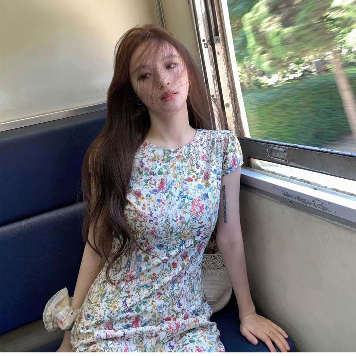 neurcz 모네 꽃 편지 반팔 꽃무늬 순면 여성 드레스 봄 여름 라운드 넥 길다 쇼트 스타일 몸매 가꾸기 허리 수축 치마