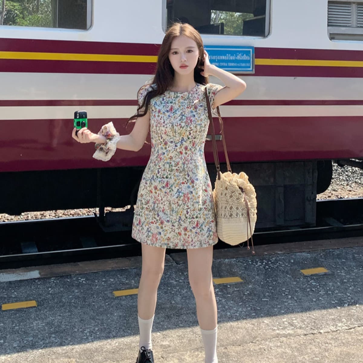 neurcz 모네 꽃 편지 반팔 꽃무늬 순면 여성 드레스 봄 여름 라운드 넥 길다 쇼트 스타일 몸매 가꾸기 허리 수축 치마 이미지 2