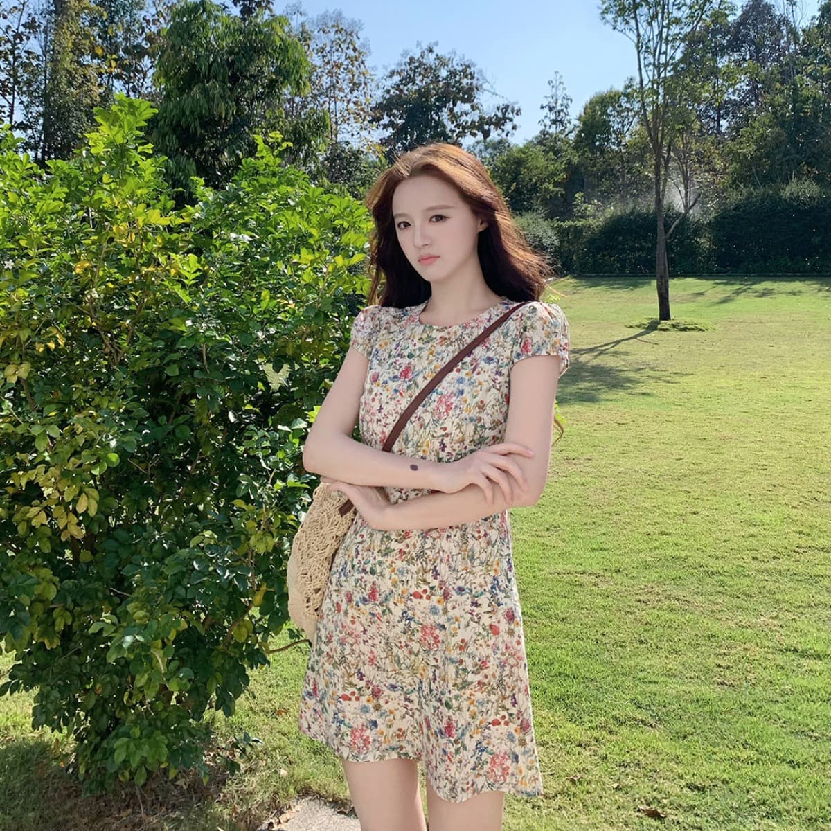 neurcz 모네 꽃 편지 반팔 꽃무늬 순면 여성 드레스 봄 여름 라운드 넥 길다 쇼트 스타일 몸매 가꾸기 허리 수축 치마 이미지 4