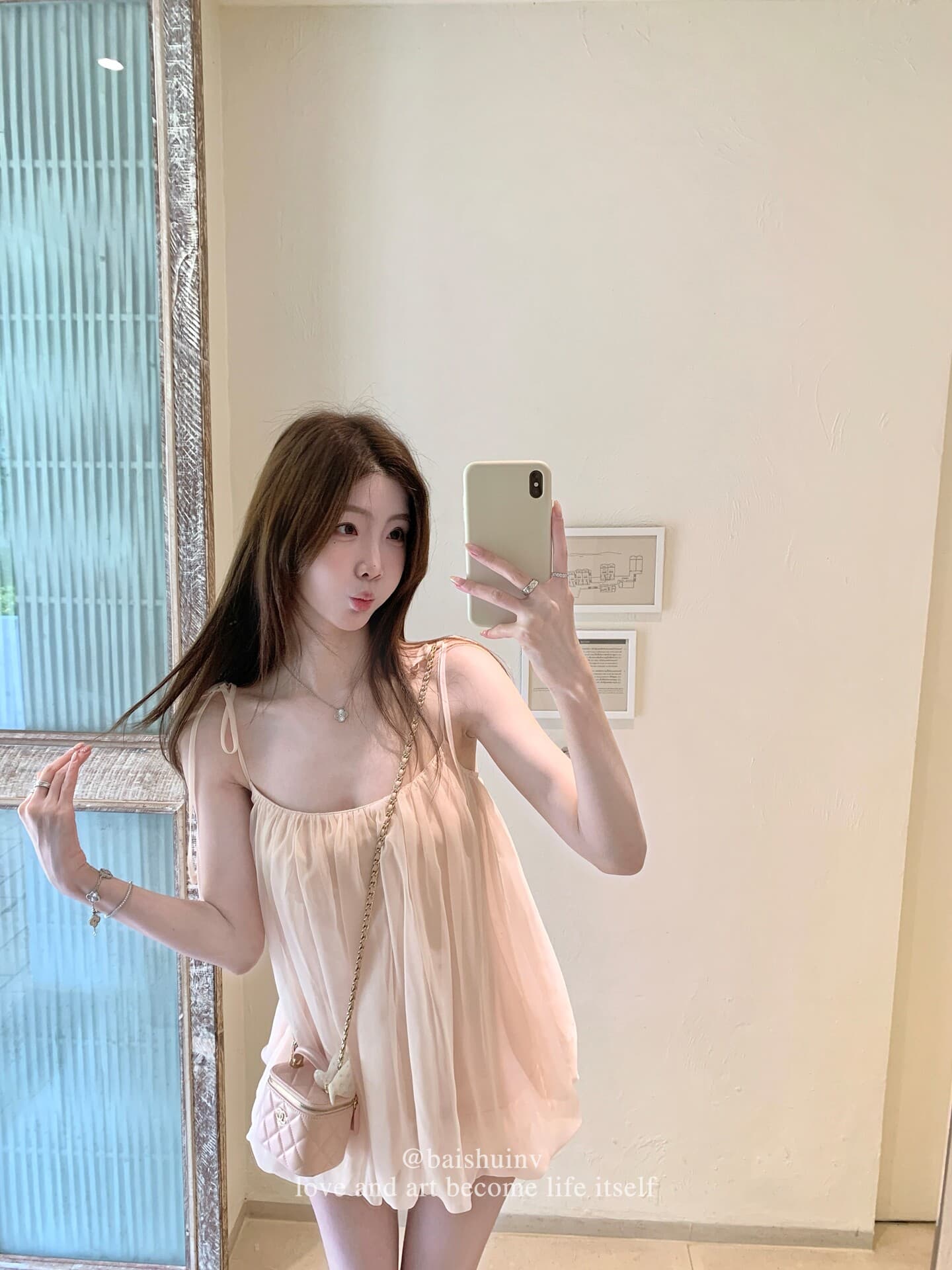 화이트 워터 여성 분말 안개 스와 리 서울 깨진 Pleat 슬립 미니 스커트 여성 여름 요정 바람 가벼움 우아한 퍼프 드레스 상세 이미지 7