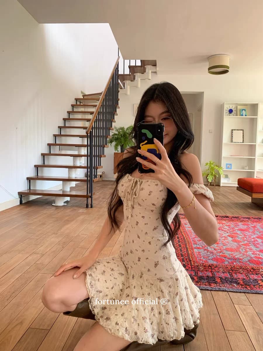 원본 품질 fortunee 꽃무늬 여성 드레스 새로운 허리 수축 슬림해 보이는 레이스 오프숄더 미니 스커트 상세 이미지 3