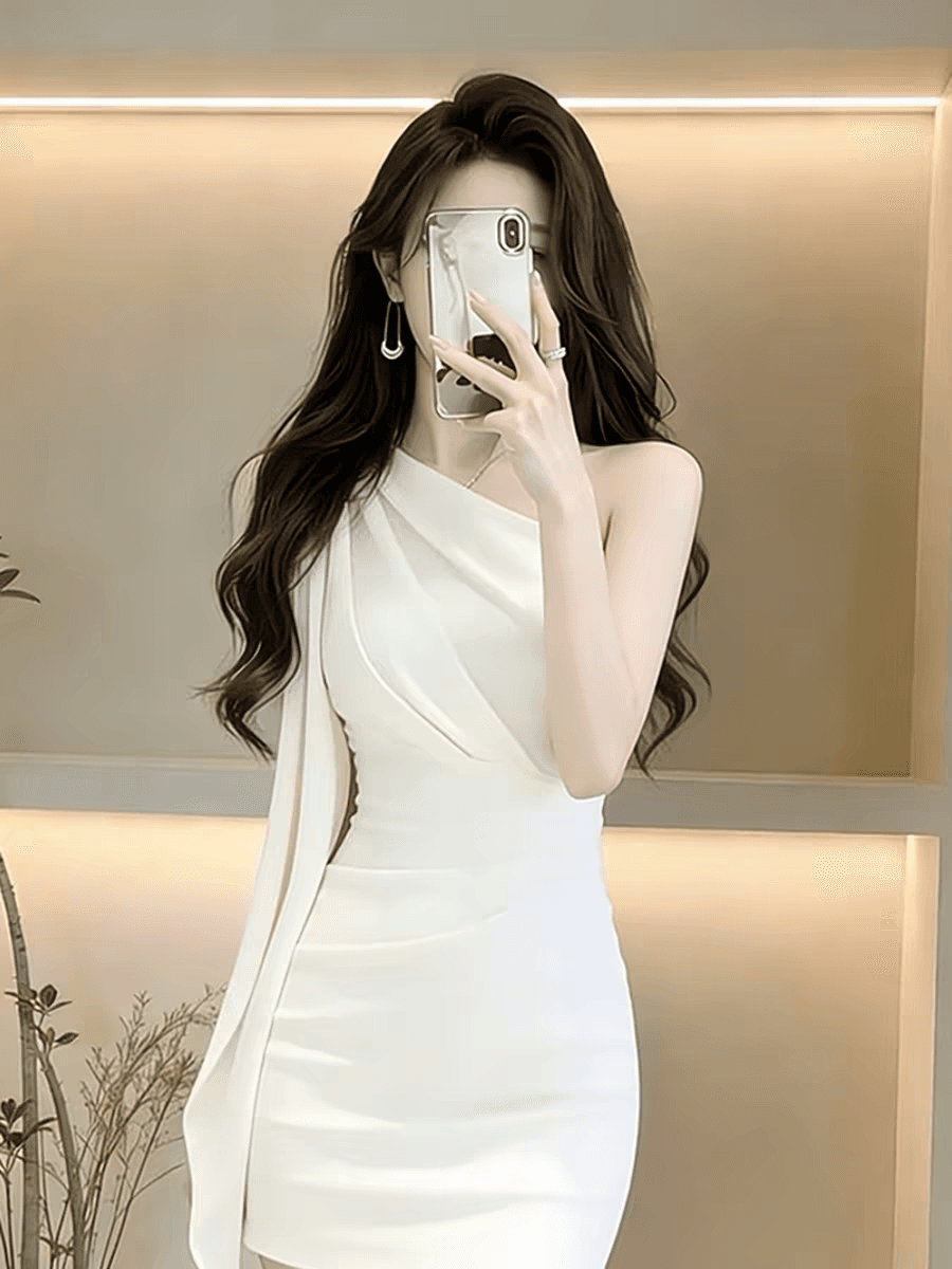 품격 명문 여성 화이트 비스듬한 어깨 드레스 2026 여름 참석 중요 경우 그레이트 봐라. 프랑스식 꼬집기 허리 치마 상세 이미지 2