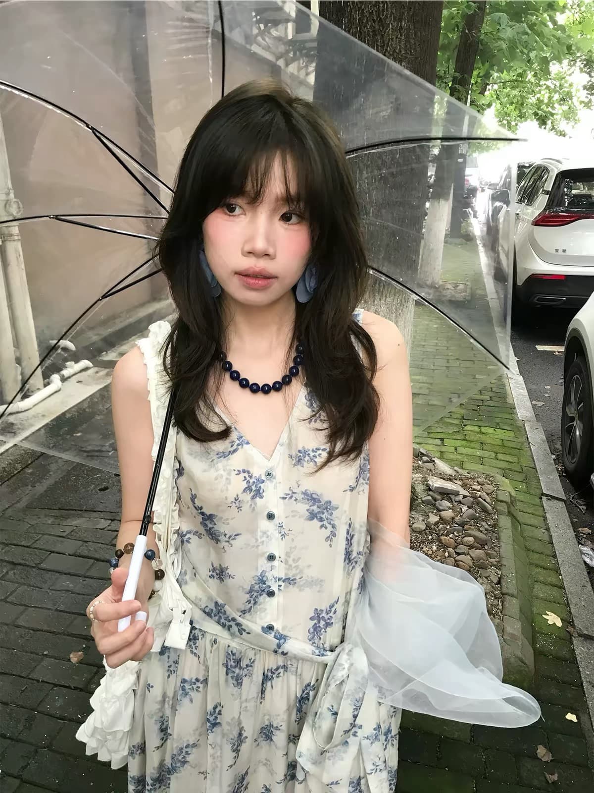 안녕 안녕 건배 오리지널 블루 히아신스 잔디 산소 센스 V넥 주간 실크 조끼 벨트 드레스 봄 여름 여성