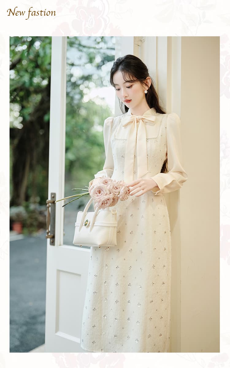 실사 프랑스식 샤오시엔 천 금빛 바람 무거운 작업 자수 구슬 조각 드레스 새로운 긴팔 품격 예복 치마 40 상세 이미지 13