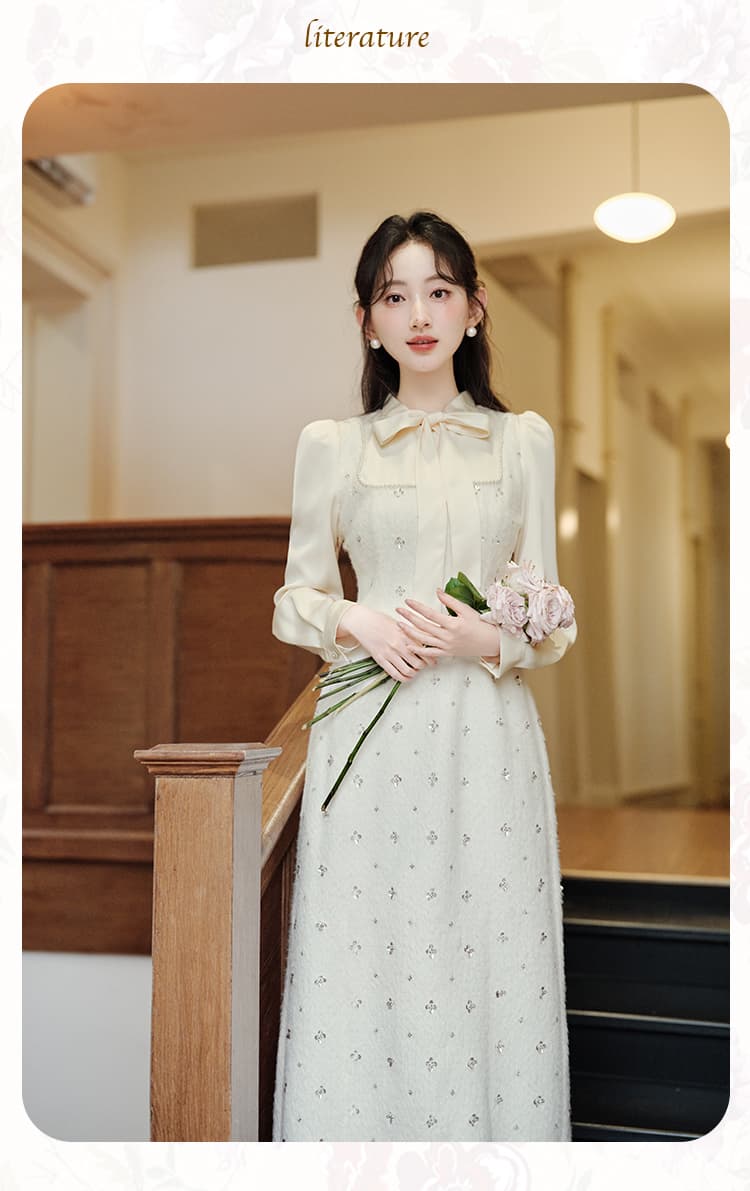 실사 프랑스식 샤오시엔 천 금빛 바람 무거운 작업 자수 구슬 조각 드레스 새로운 긴팔 품격 예복 치마 40 상세 이미지 17
