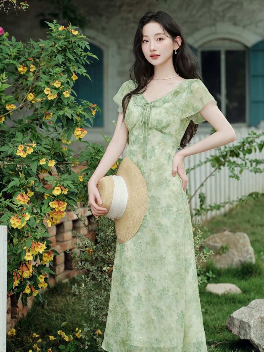 실사 새로운 품격 레트로 주름 허리 수축 품격 프랑스식 꽃무늬 여성 드레스 40