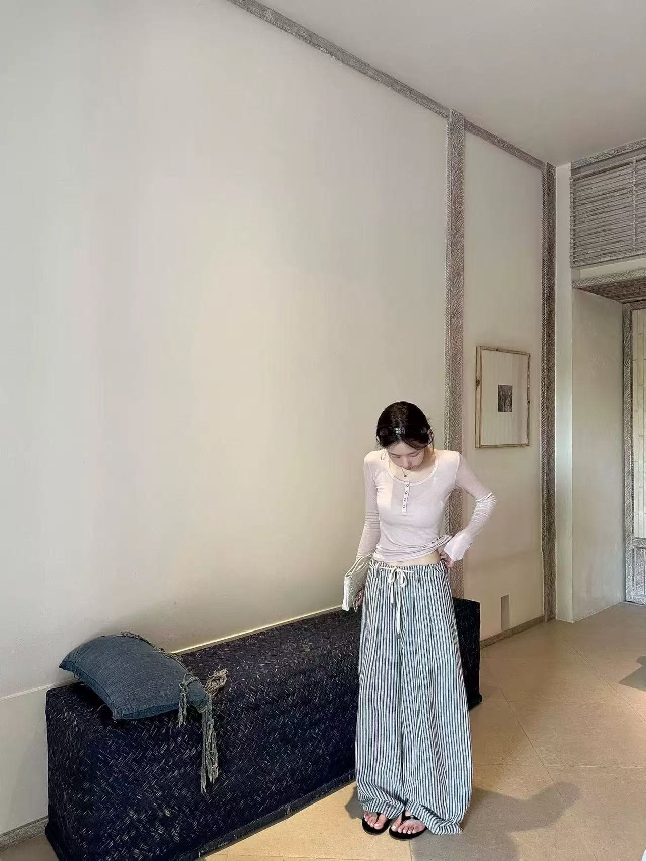 oker 챕터 쉘 세트 염색 캐주얼 바지 다용도 스트라이프 스트레이트 루즈핏 한 부서 긴 바지 26 봄 상세 이미지 4