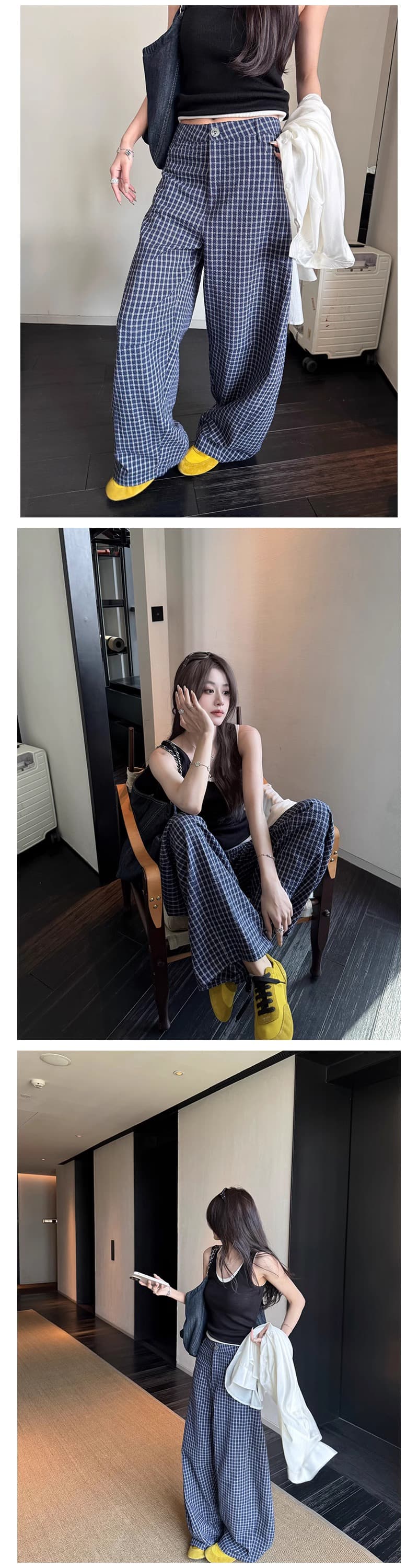 섬 버블 면 체크무늬 바지 마이크로 주름 질감 센스 루즈핏 낫 바지 캐주얼 바지 긴 바지 여성 상세 이미지 5