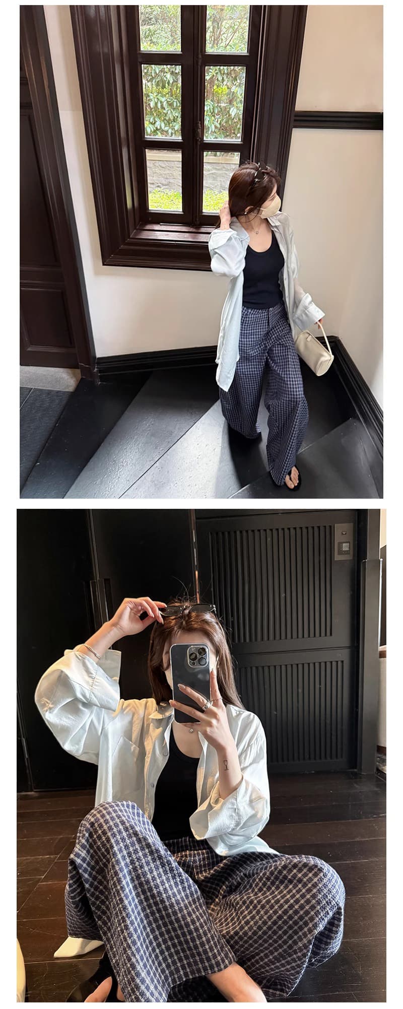 섬 버블 면 체크무늬 바지 마이크로 주름 질감 센스 루즈핏 낫 바지 캐주얼 바지 긴 바지 여성 상세 이미지 13