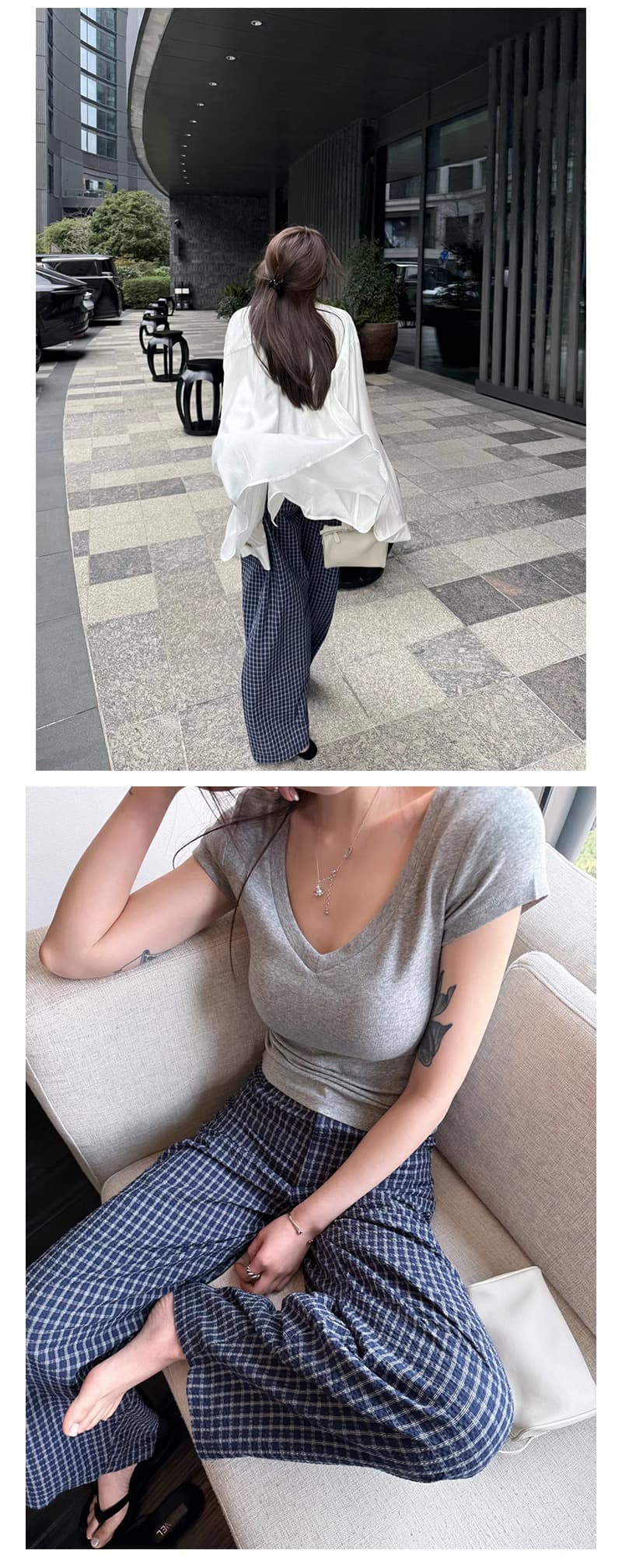 섬 버블 면 체크무늬 바지 마이크로 주름 질감 센스 루즈핏 낫 바지 캐주얼 바지 긴 바지 여성 상세 이미지 16