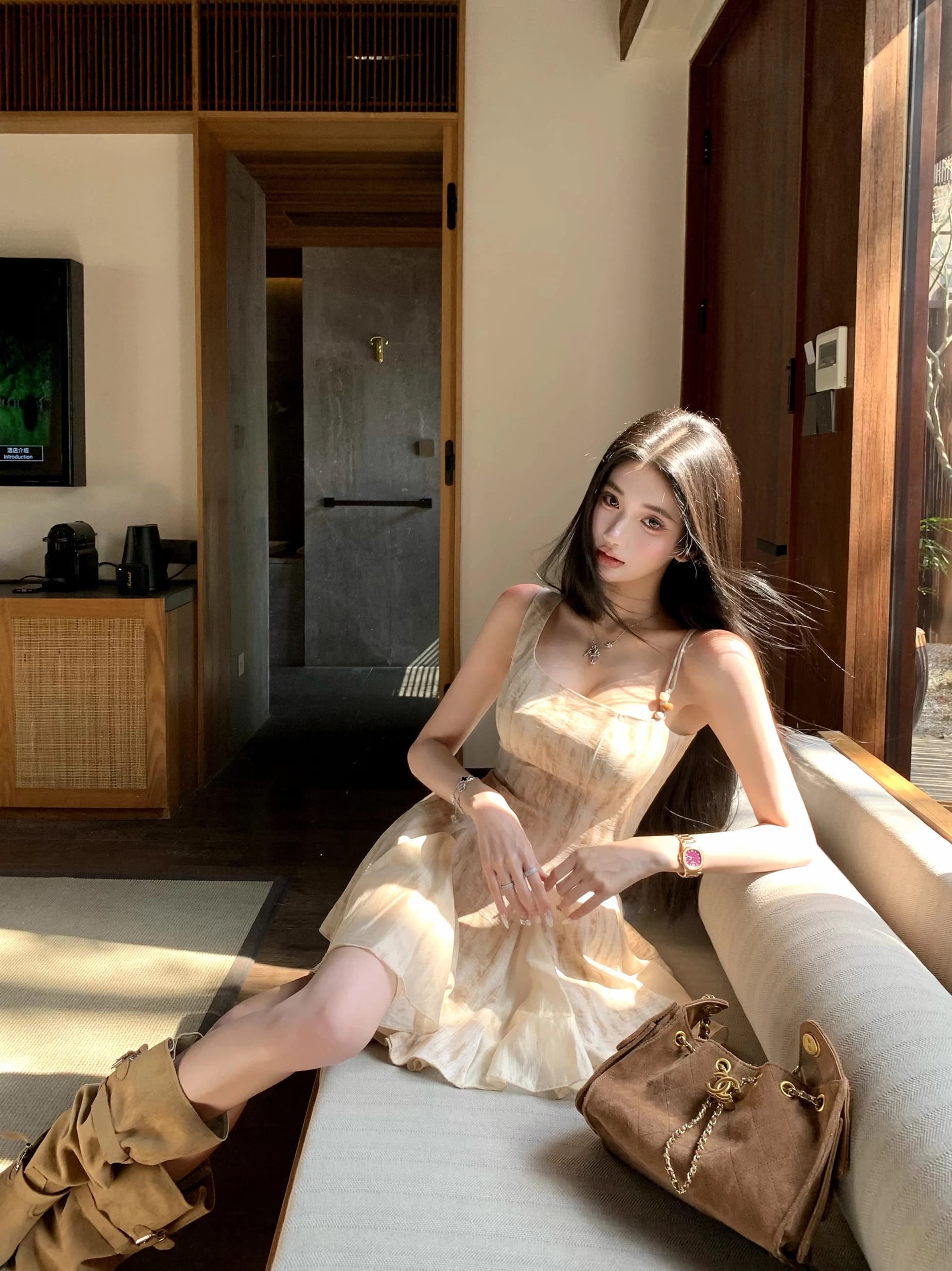 barb chill3 18 봄 여름 신제품 홀치기 염색 프린트 슬립 드레스 디자인 센스 비대칭 어깨끈 상세 이미지 1