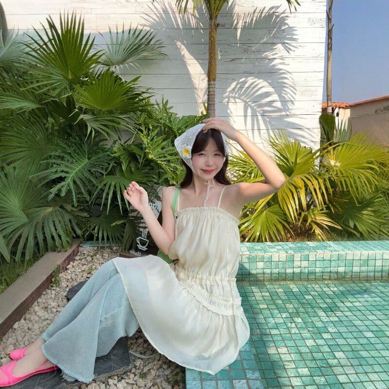 재스민 비스듬한 쉬폰 네리 어깨끈 조정 주름 프릴 슬립 드레스 여성 도루 센스 마이크로 a 드레스 이미지 5