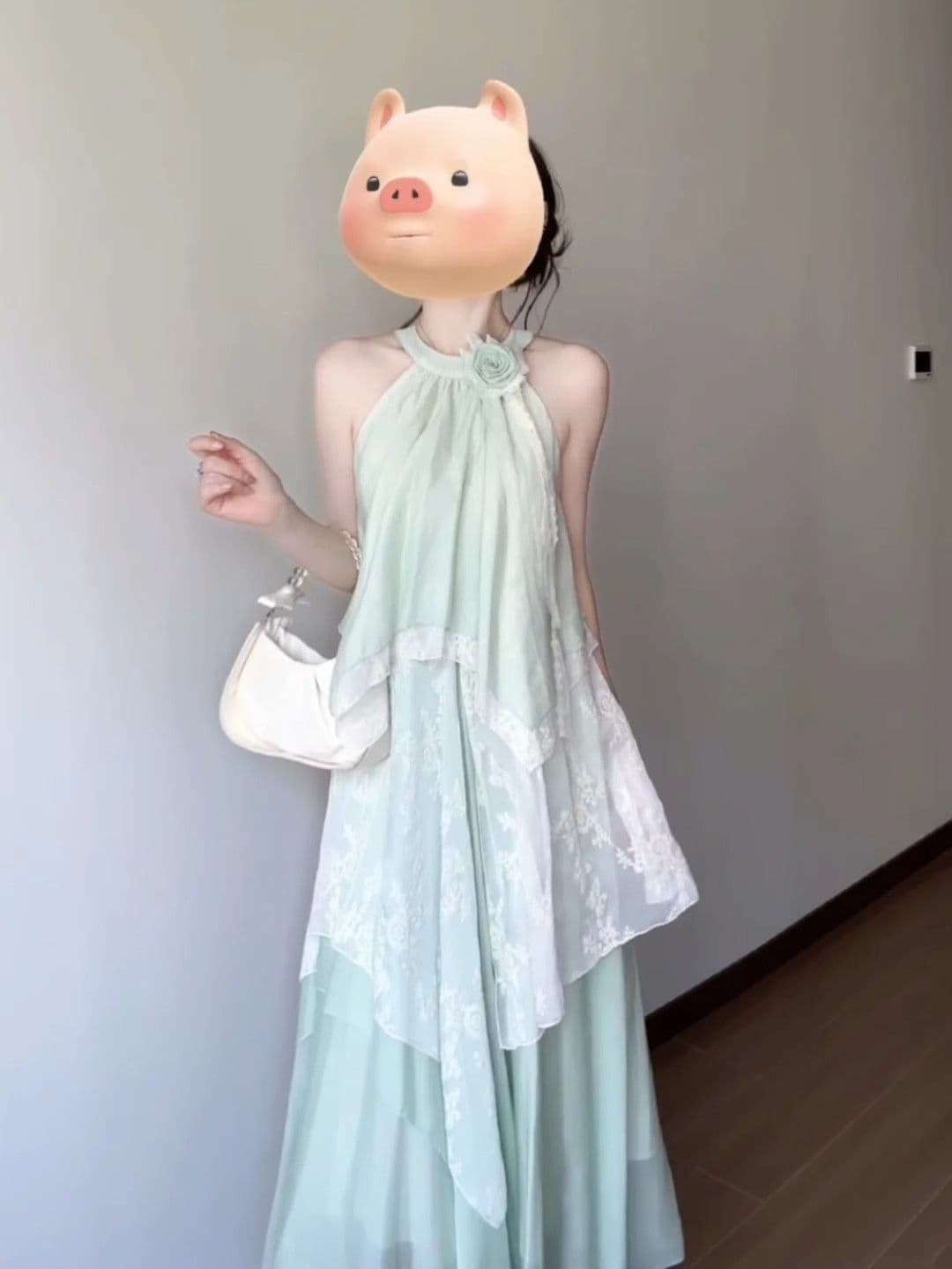 슈퍼 요정 휴가 바람 오프숄더 행침 목 드레스 여름 한 부서 순수한 욕망 레이스 조각 불규칙 레이스 롱 스커트 여성 상세 이미지 1