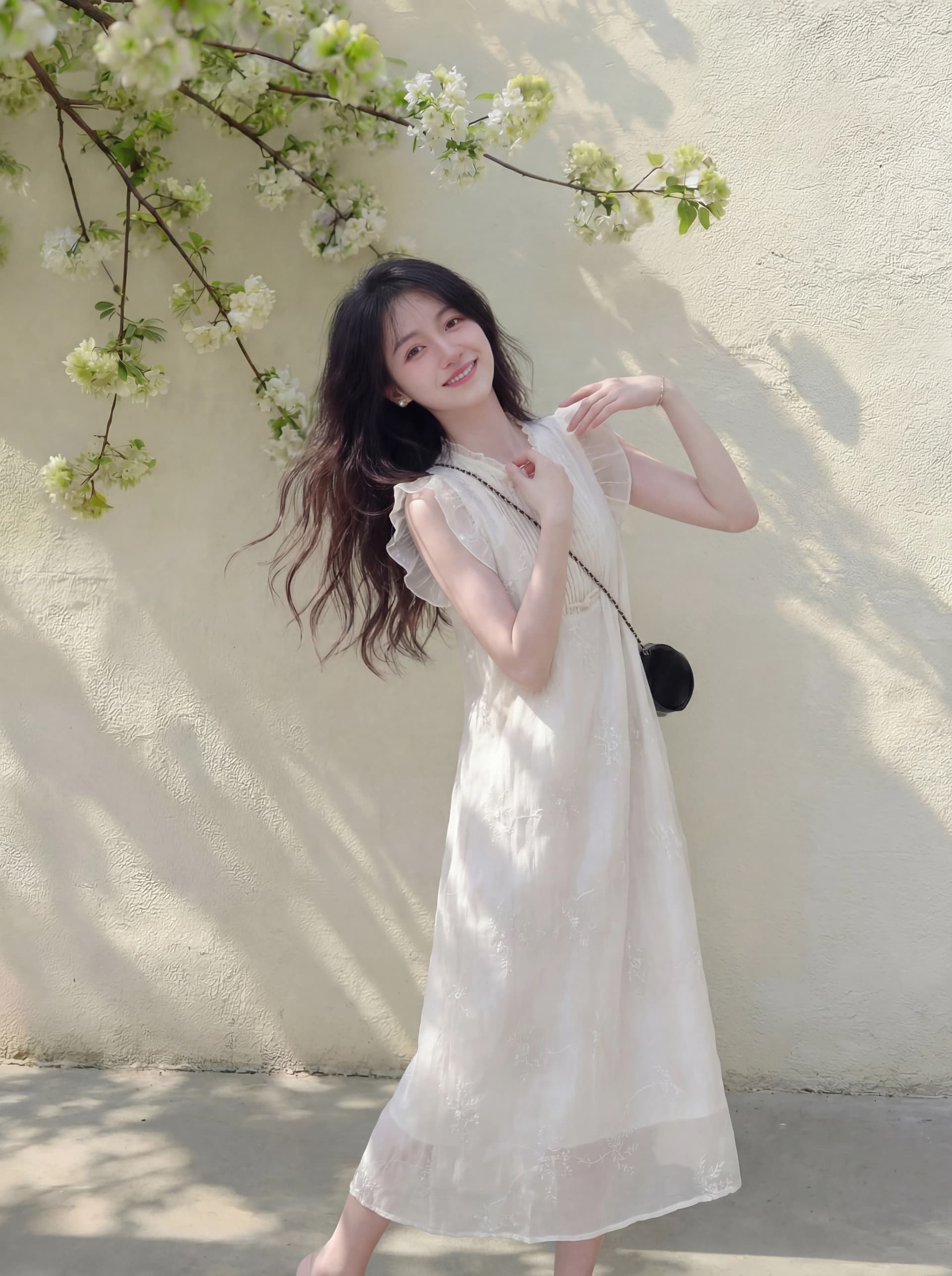 고급 센스 새로운 중식 무거운 작업 자카드 자수 여성 드레스 여름 화이트 색온도 부드러운 바람 작은 날다 소매 연령 감소 롱 스커트 이미지 4
