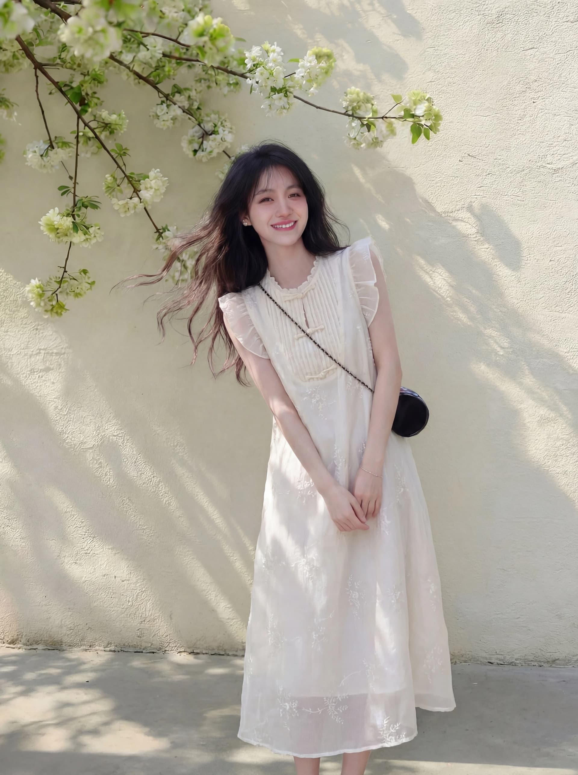 고급 센스 새로운 중식 무거운 작업 자카드 자수 여성 드레스 여름 화이트 색온도 부드러운 바람 작은 날다 소매 연령 감소 롱 스커트 상세 이미지 4