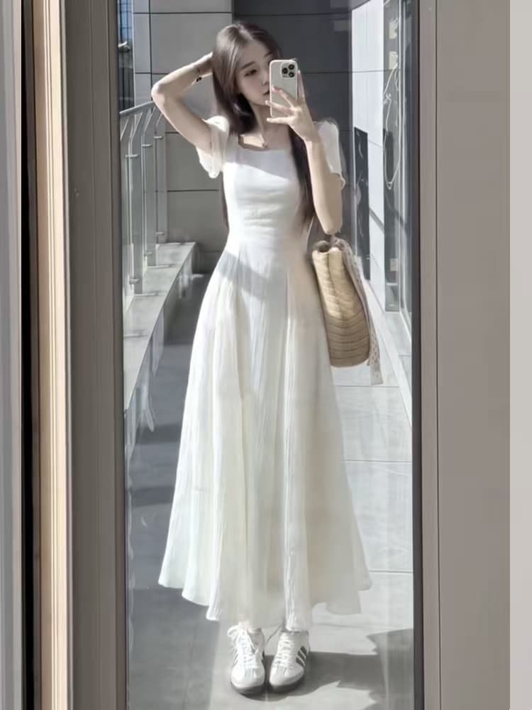 프랑스식 화이트 광장 칼라 거품 소매 여성 드레스 여름 착용 가져 가라. 고급 센스 자이언트 잘 생긴 고유 한 아름다운 꼬집기 허리 치마 이미지 3
