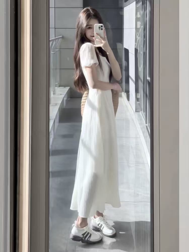 프랑스식 화이트 광장 칼라 거품 소매 여성 드레스 여름 착용 가져 가라. 고급 센스 자이언트 잘 생긴 고유 한 아름다운 꼬집기 허리 치마 이미지 4