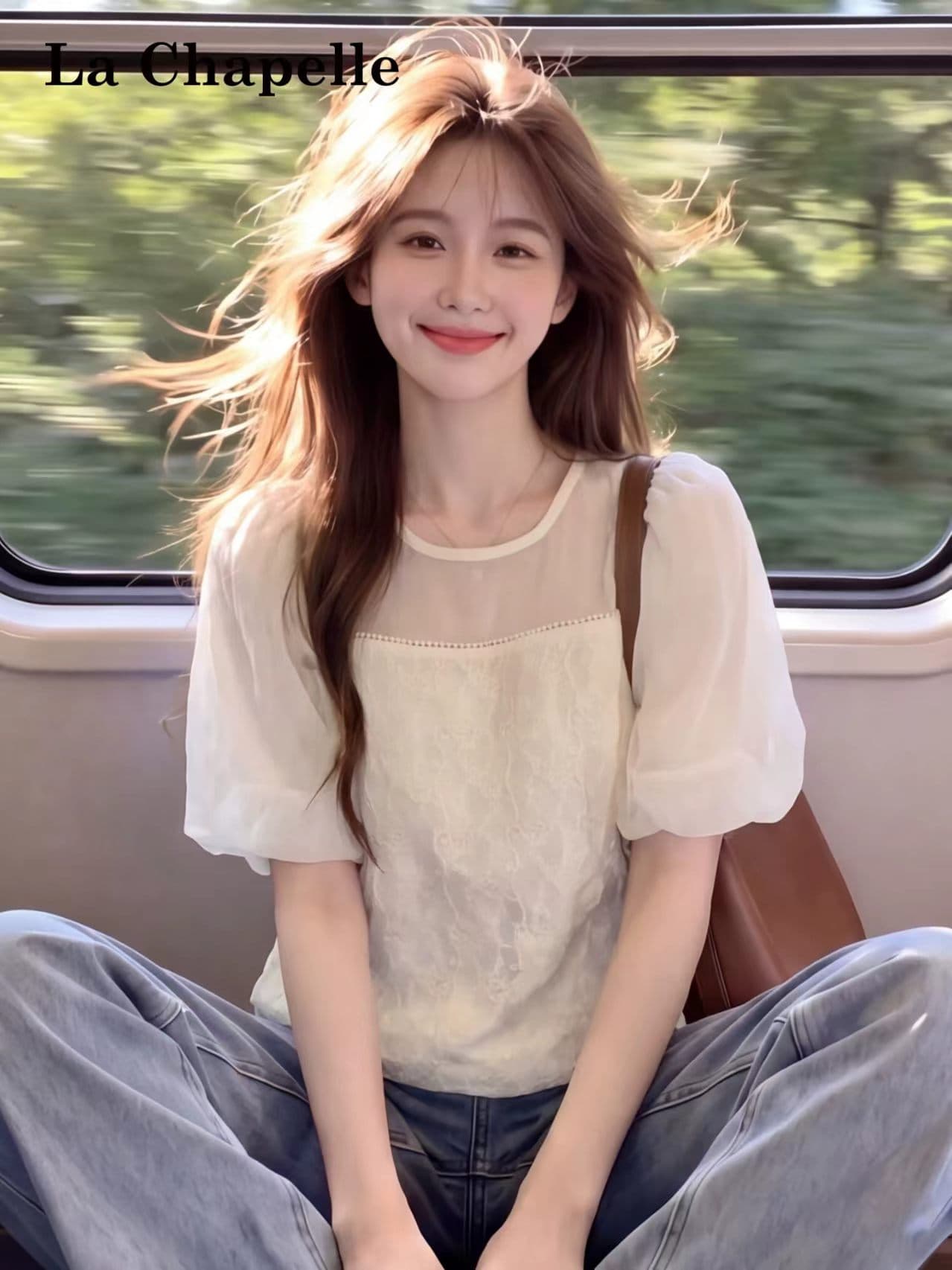 서울 고유 한 슈퍼 잘 생긴 망사 패치워크 거품 소매 여성 셔츠 여름 디자인 센스 작은 대중 연 아름다움 맨위
