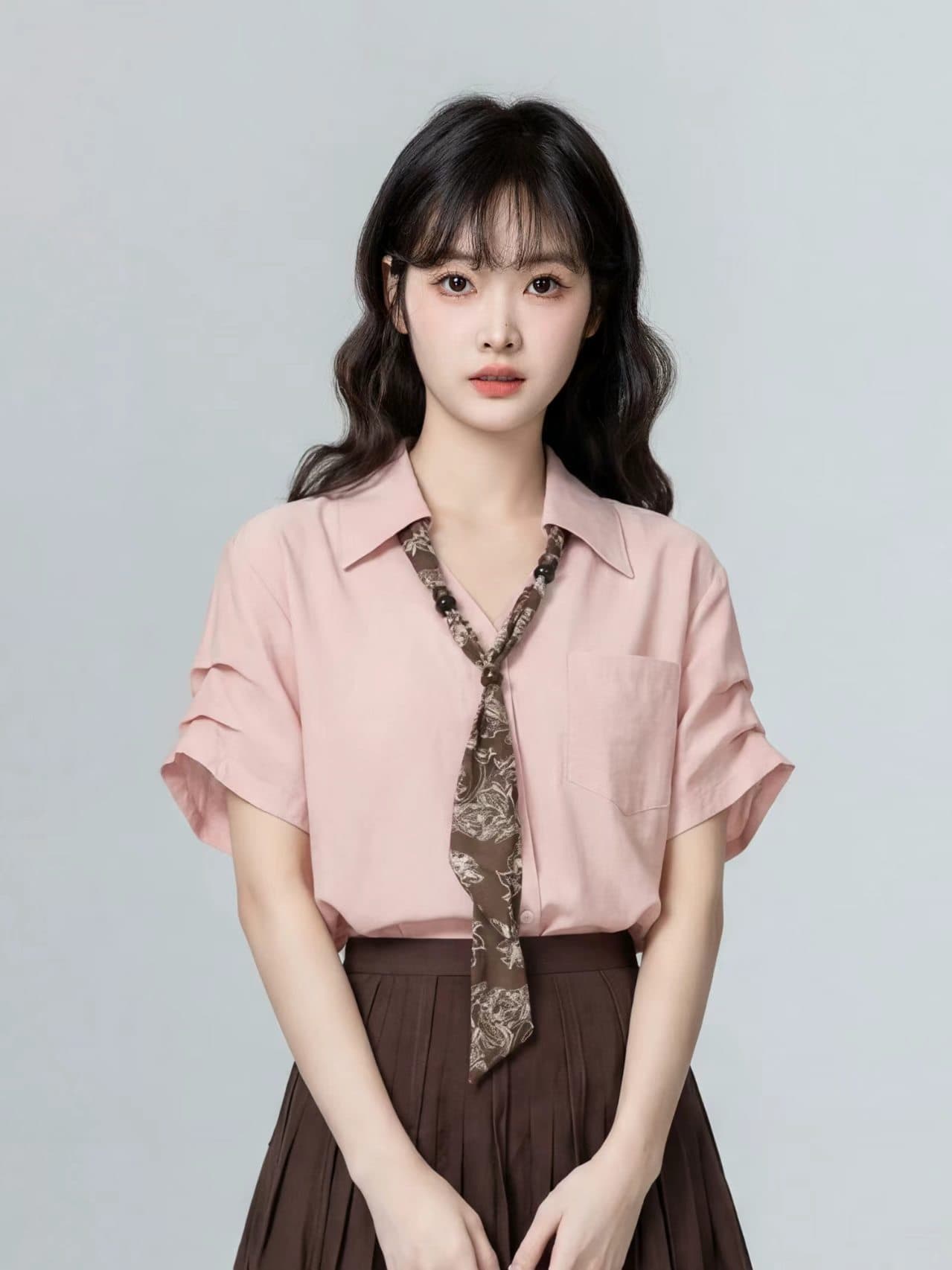 핑크색 V넥 반팔 여성 셔츠 여름 2026 년 여름 새로운 디자인 센스 스카프 레이스업 셔츠 반소매 맨위