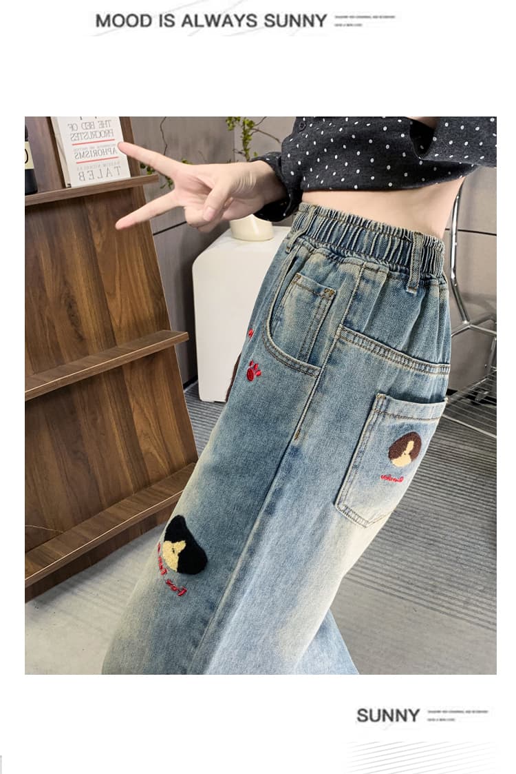 실사 자수 데님 긴 바지 와이드 밴딩 하이웨이스트 스트레이트 와이드 레그 팬츠 슬림해 보이는 바지 비료 추가 빅 사이즈 여성 의류 230kg 상세 이미지 15