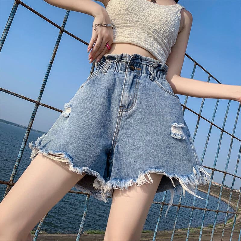 실사 데님 반바지 찢어진 부분 거친 가장자리 한 마디 와이드 밴딩 하이웨이스트 슬림해 보이는 표지 고기 XL 여성 의류 230kg