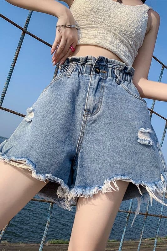 실사 데님 반바지 찢어진 부분 거친 가장자리 한 마디 와이드 밴딩 하이웨이스트 슬림해 보이는 표지 고기 XL 여성 의류 230kg 이미지 6