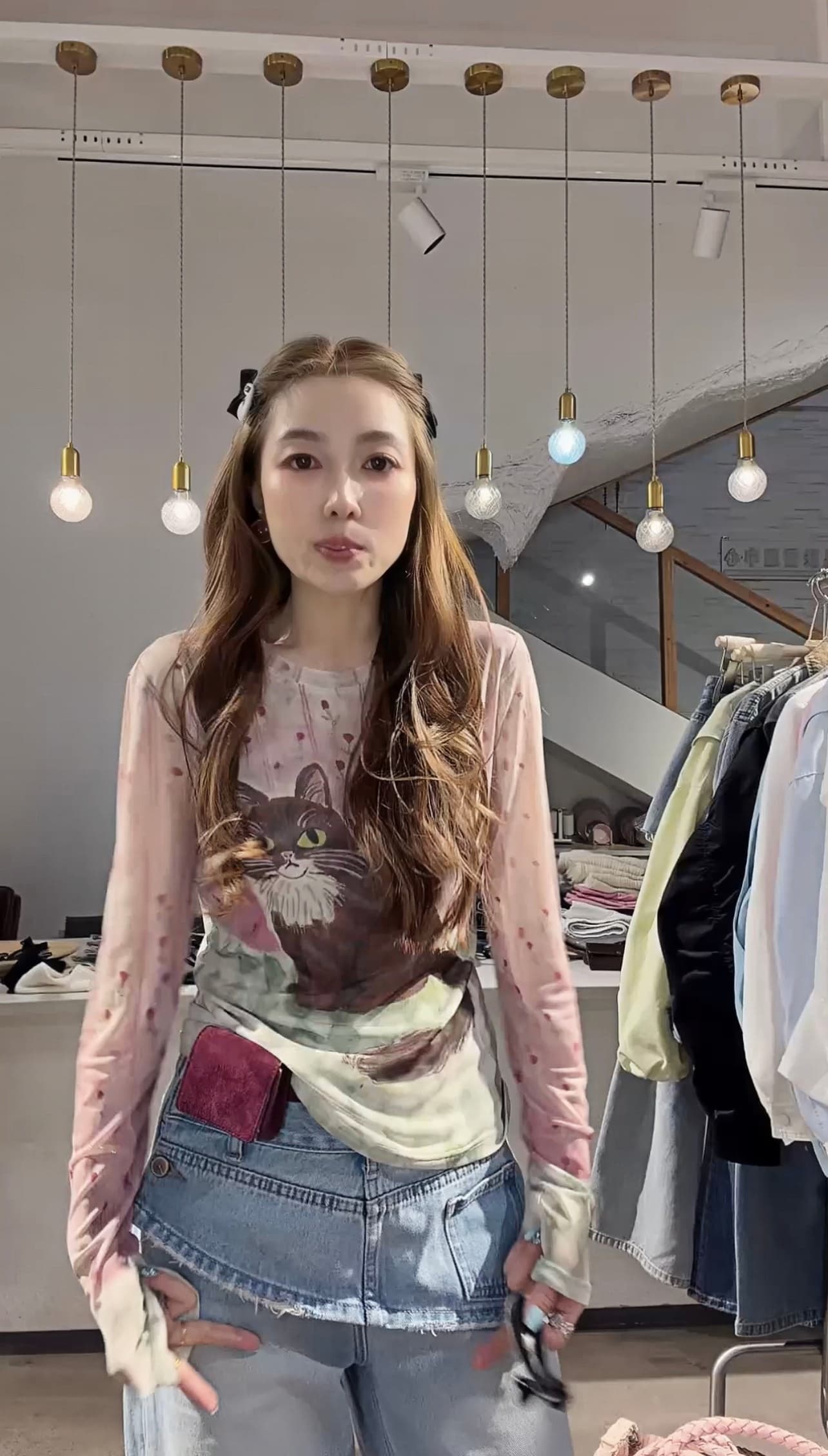 새로운 핑크색 프린트 고양이 t 이미지 3