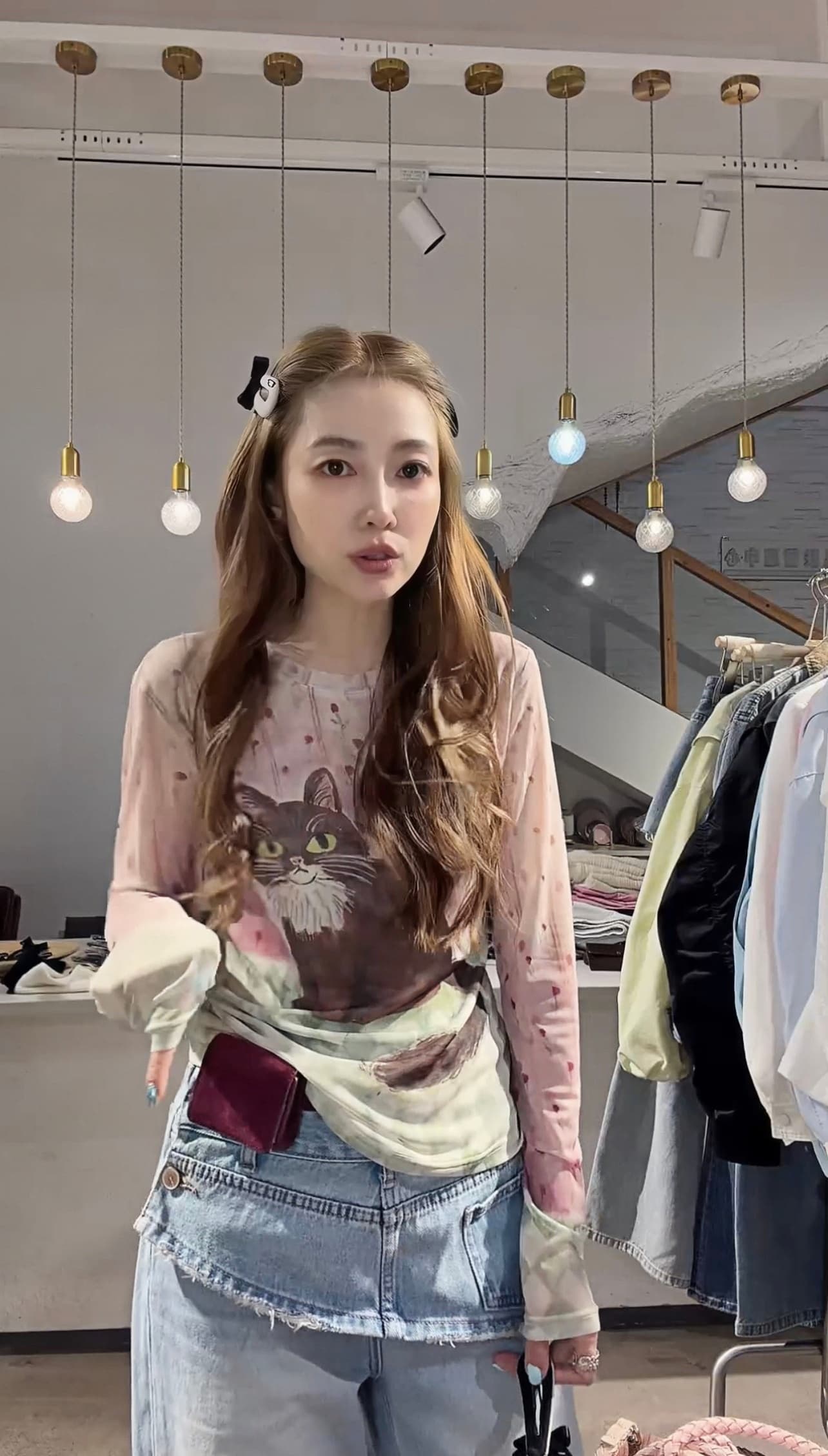 새로운 핑크색 프린트 고양이 t 이미지 4