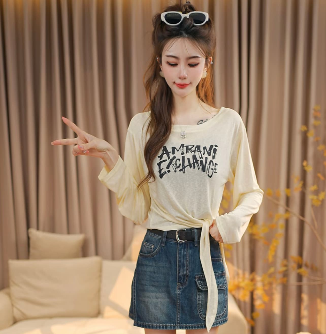 오프숄더 알파벳 프린트 여름 얇은 스타일 긴 소매 티셔츠 슬림해 보이는 다용도 여성 캐주얼 루즈핏 스트랩 맨위 상세 이미지 7