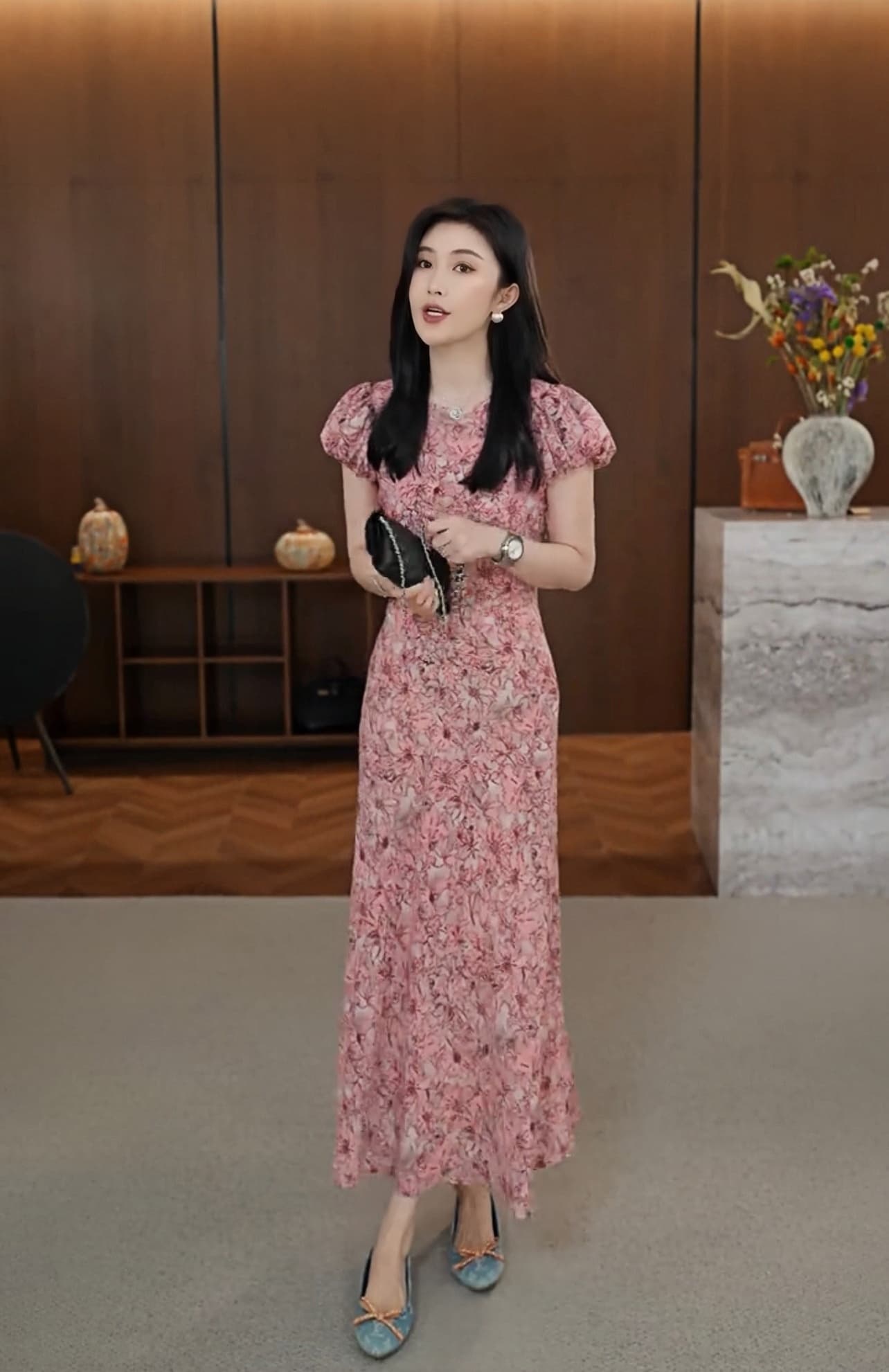 녹색 치자 나무 여름 새로운 패션 다용도 연령 감소 품격 비스듬한 자르다 꽃무늬 허리 수축 드레스 이미지 3