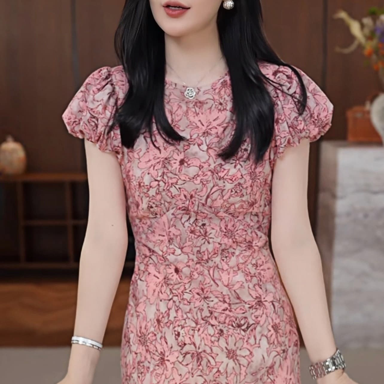 녹색 치자 나무 여름 새로운 패션 다용도 연령 감소 품격 비스듬한 자르다 꽃무늬 허리 수축 드레스 이미지 6