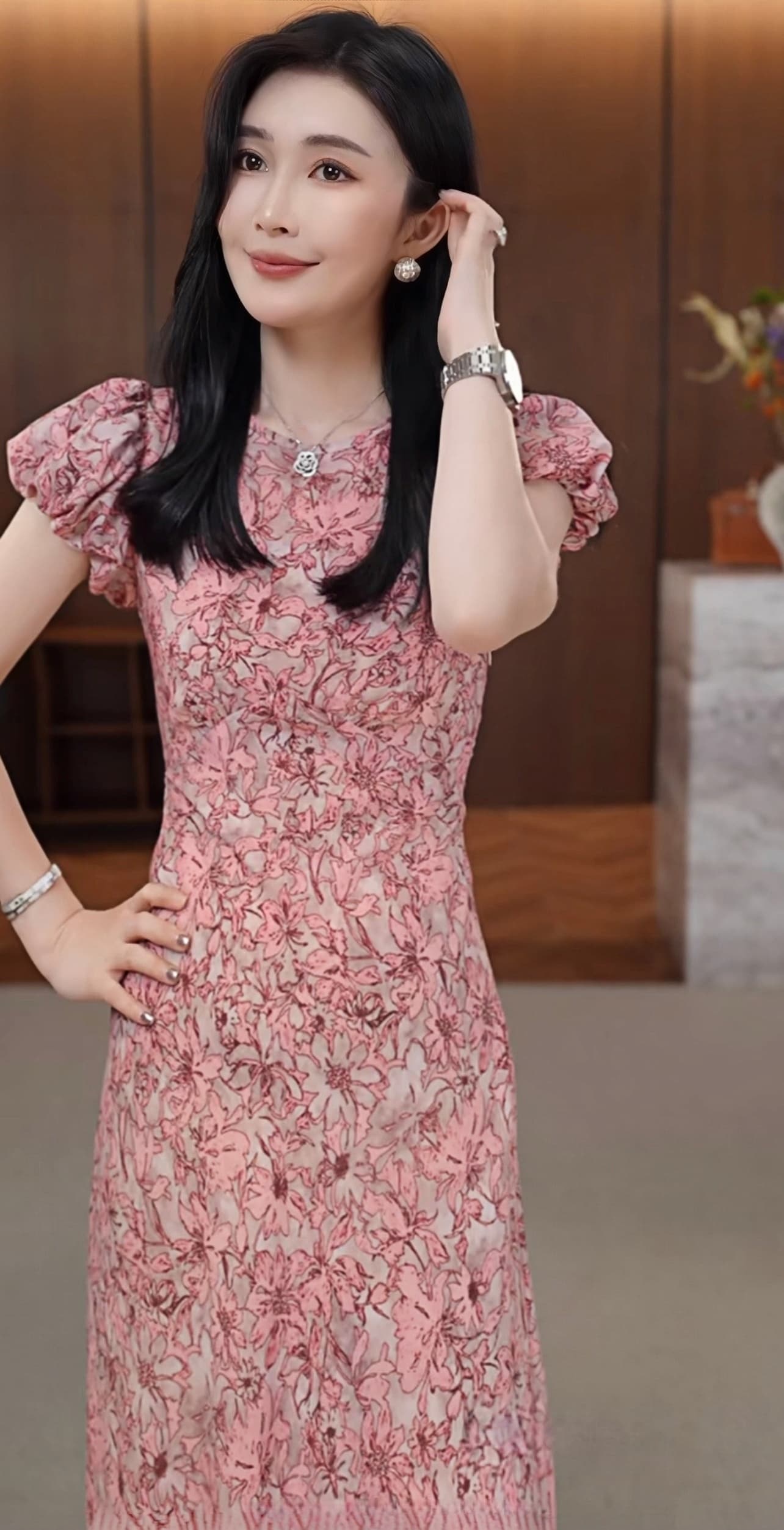 녹색 치자 나무 여름 새로운 패션 다용도 연령 감소 품격 비스듬한 자르다 꽃무늬 허리 수축 드레스 상세 이미지 1