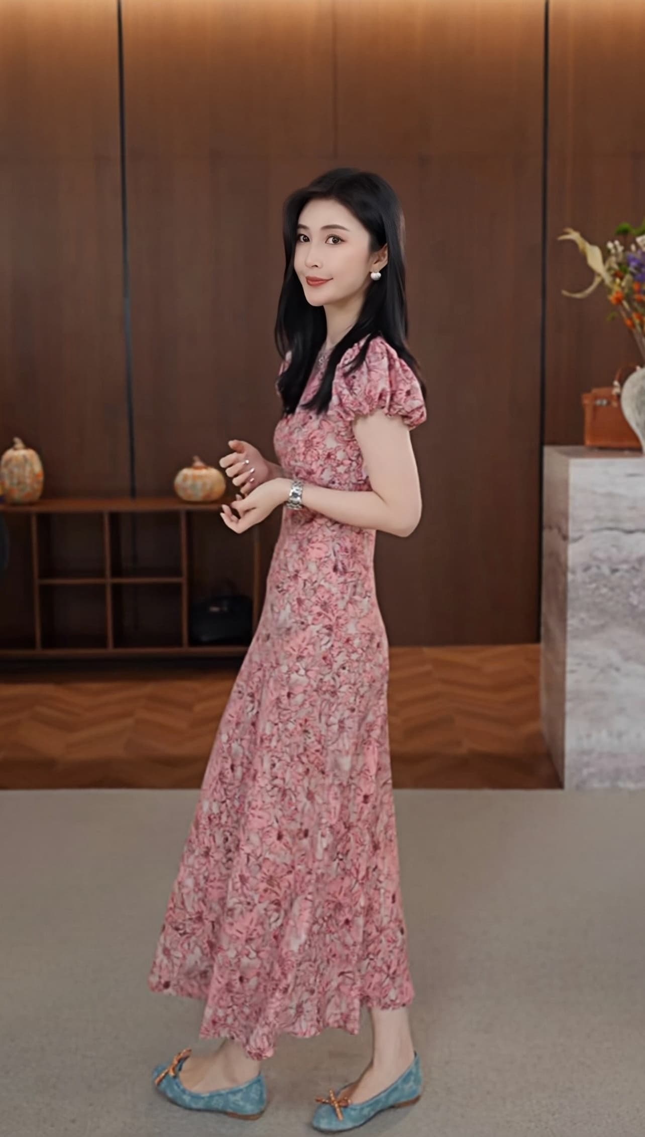 녹색 치자 나무 여름 새로운 패션 다용도 연령 감소 품격 비스듬한 자르다 꽃무늬 허리 수축 드레스 상세 이미지 3