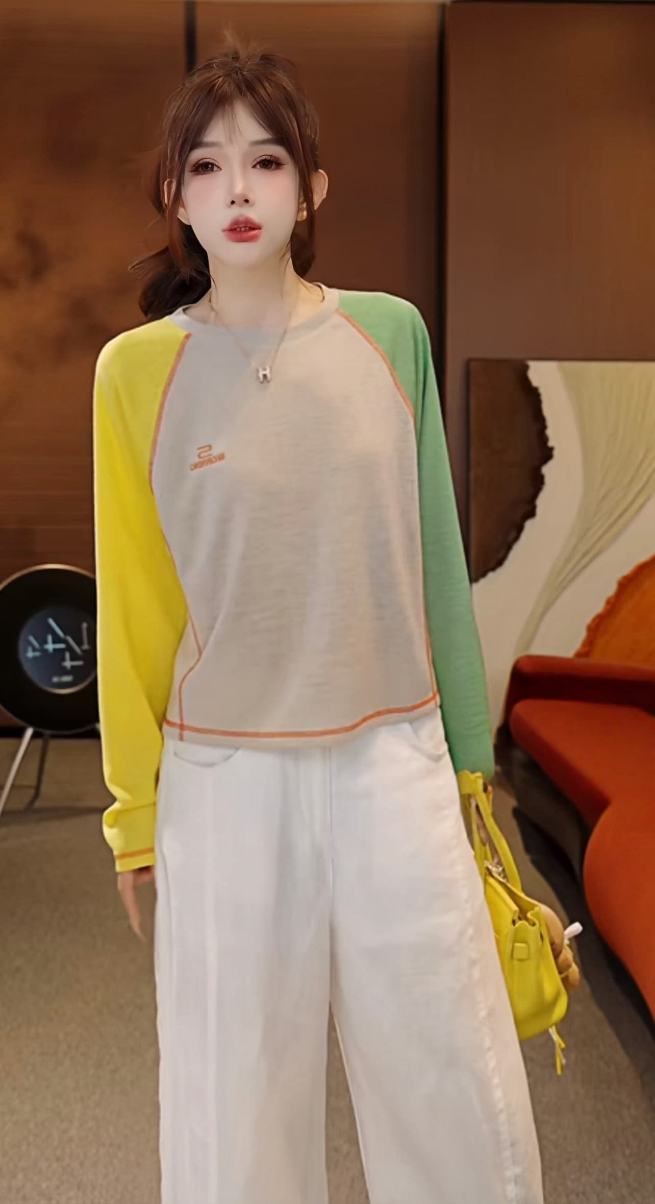 패치워크 색상 부적 여름 디자이너 개성 패치워크 색상 얇은 스타일 긴팔 티셔츠 t 상세 이미지 2
