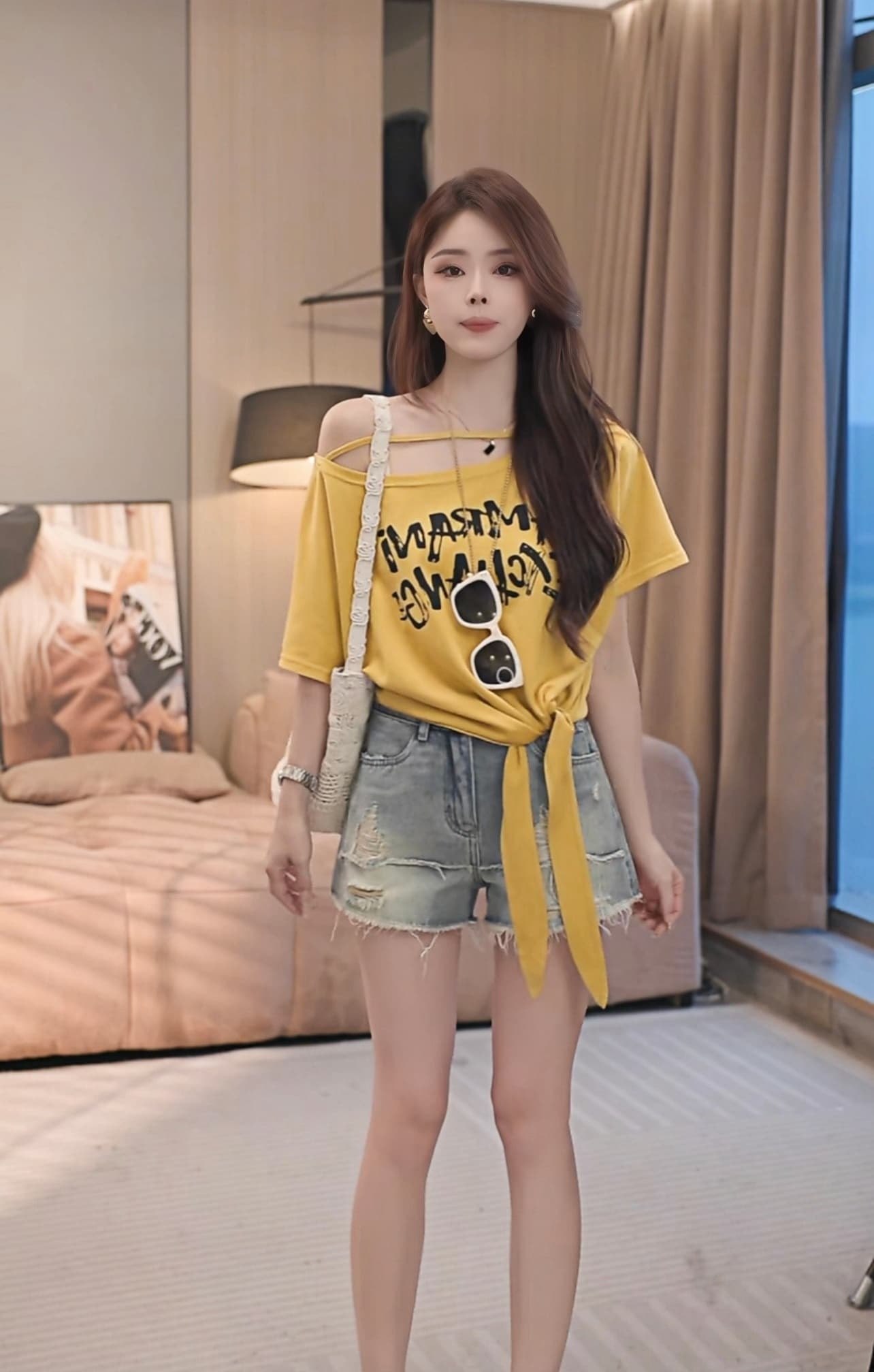 여름 새로운 순수한 욕망 바람 비스듬한 오프숄더 알파벳 프린트 다용도 슬림해 보이는 반팔 티셔츠 이미지 3