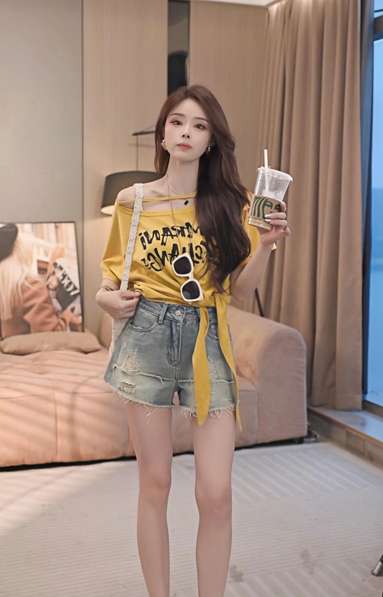 여름 새로운 순수한 욕망 바람 비스듬한 오프숄더 알파벳 프린트 다용도 슬림해 보이는 반팔 티셔츠 상세 이미지 6