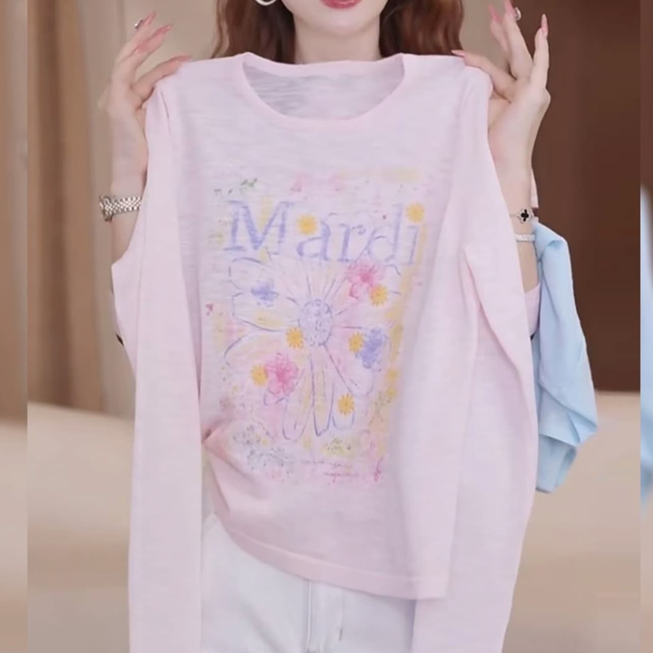 데이지 프린트 통기성 긴 소매 티셔츠 상세 이미지 4