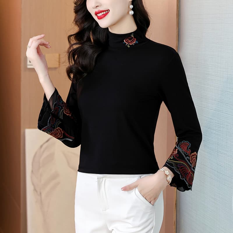 2026 가을 레트로 민족 스타일 높음 폭탄 면 국풍 자수 터틀넥 레이스 소매 기본 셔츠 티셔츠 긴팔 여성 이미지 4