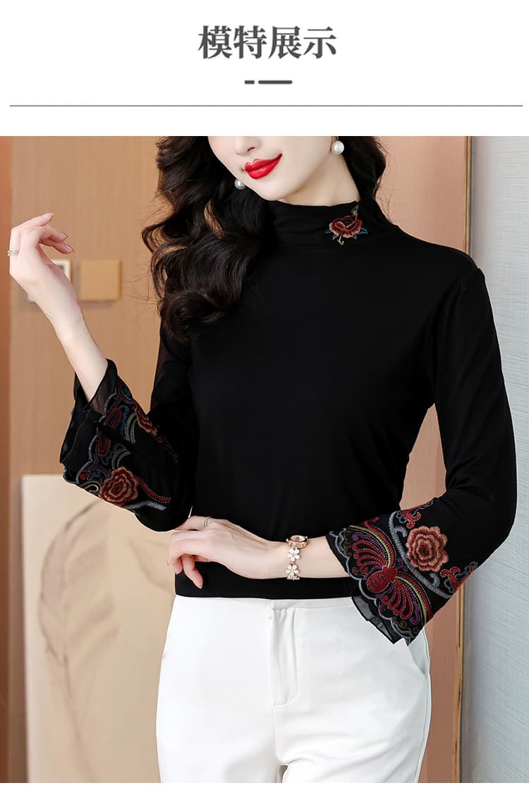 2026 가을 레트로 민족 스타일 높음 폭탄 면 국풍 자수 터틀넥 레이스 소매 기본 셔츠 티셔츠 긴팔 여성 상세 이미지 8