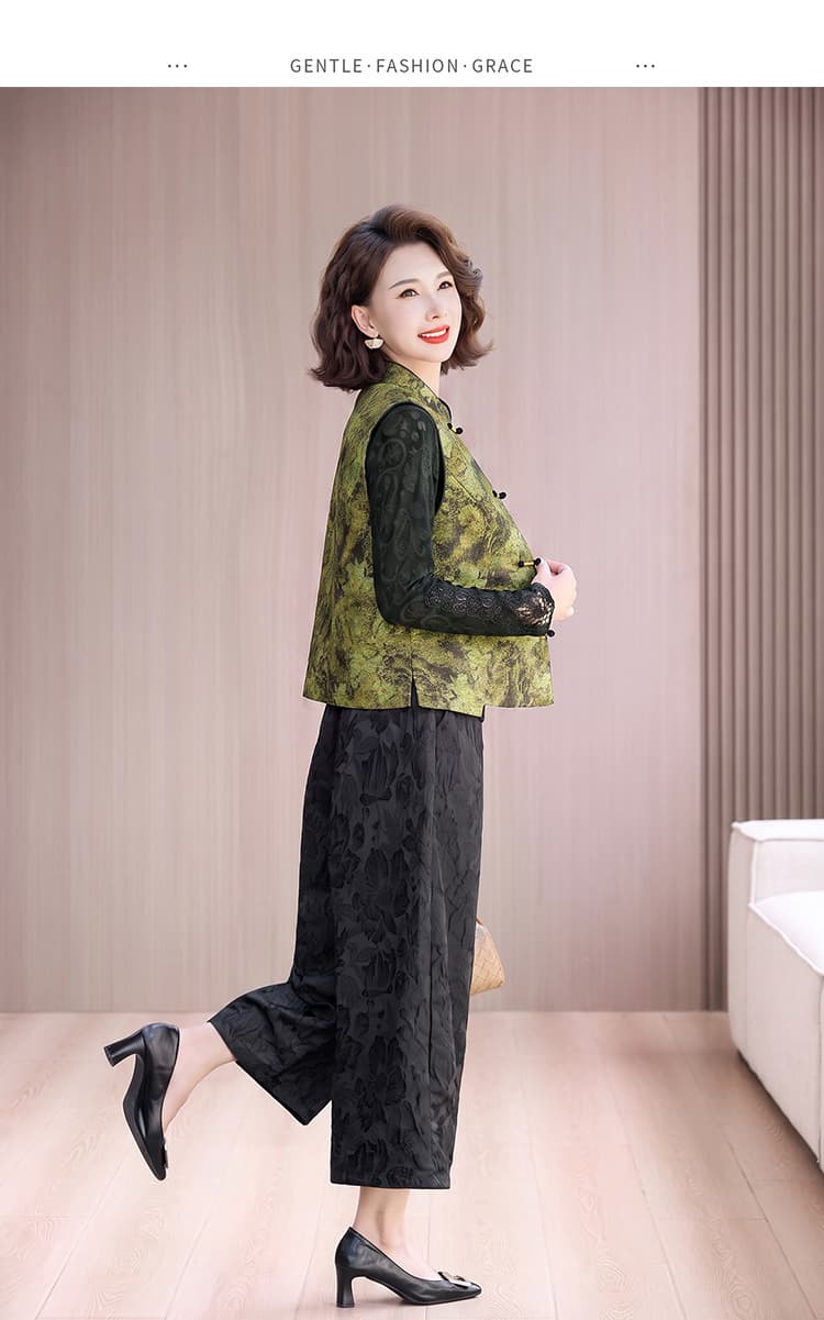새로운 중식 국풍 2026 가을 레트로 다용도 꽃밭 와이드 레깅스 바지 외국 가스 베스트 기본 셔츠 세 조각 여성 세트 상세 이미지 14