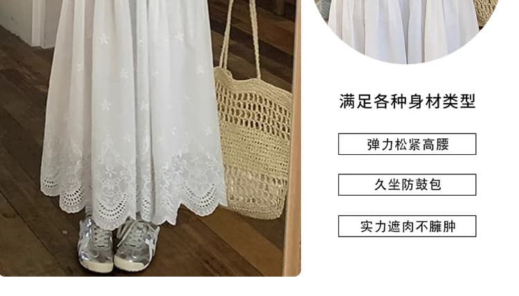 지금 새로운 임산부 부드러운 바람 꽃 자수 화이트 반신 스커트 표지 넓적 다리 슬림해 보이는 중간 길이 다용도 A라인 스커트 여름 상세 이미지 10