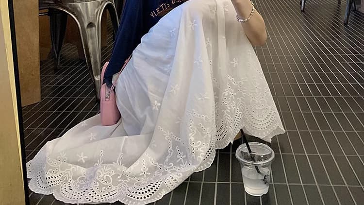 지금 새로운 임산부 부드러운 바람 꽃 자수 화이트 반신 스커트 표지 넓적 다리 슬림해 보이는 중간 길이 다용도 A라인 스커트 여름 상세 이미지 42