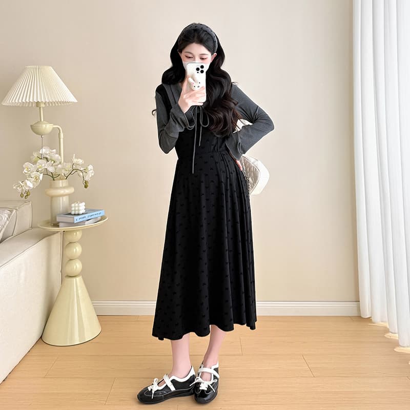 지금 화물 실사 가을 출산 착용 새로운 2026 레트로 미니멀리즘 페이크 레이어드 긴팔 니트 임산부 드레스 이미지 5