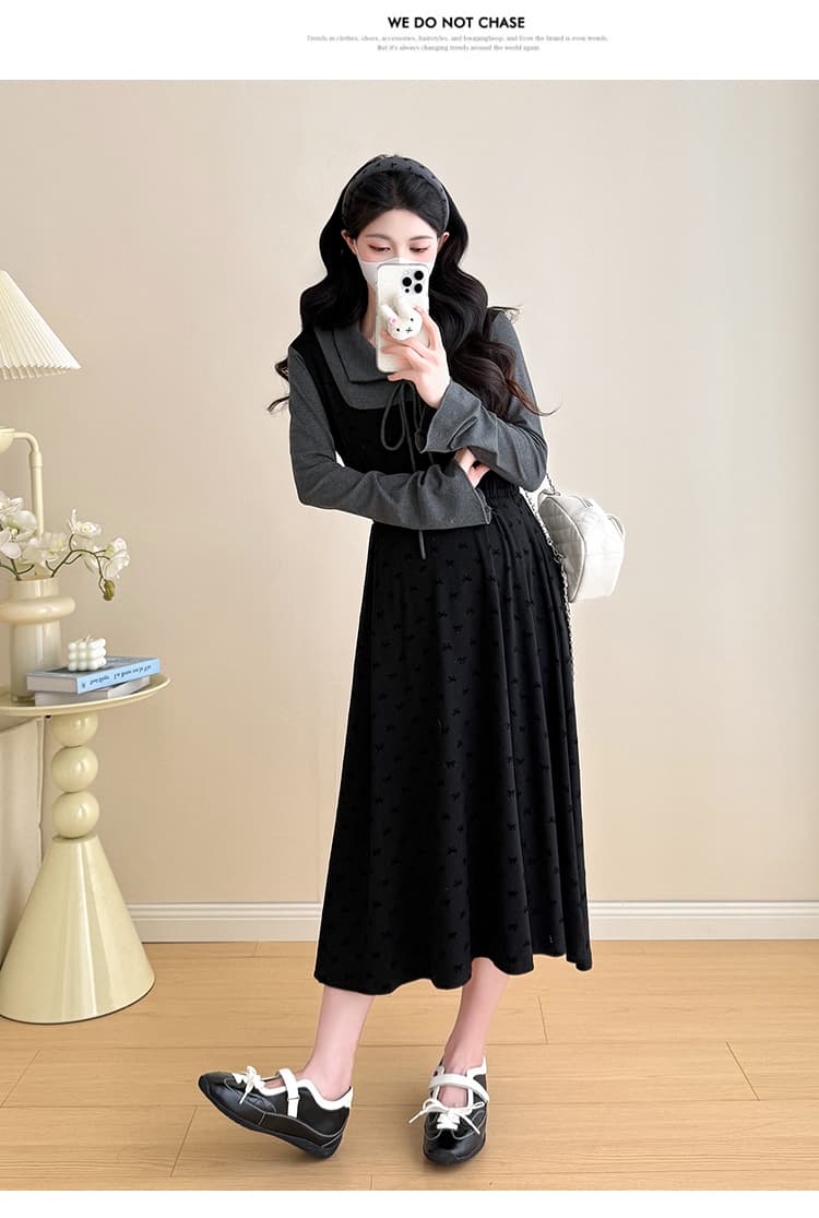 지금 화물 실사 가을 출산 착용 새로운 2026 레트로 미니멀리즘 페이크 레이어드 긴팔 니트 임산부 드레스 상세 이미지 10