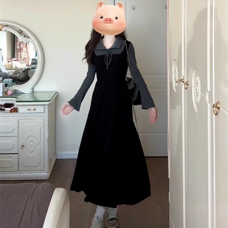 지금 화물 실사 가을 출산 착용 새로운 2026 레트로 미니멀리즘 페이크 레이어드 긴팔 니트 임산부 드레스 이미지 4