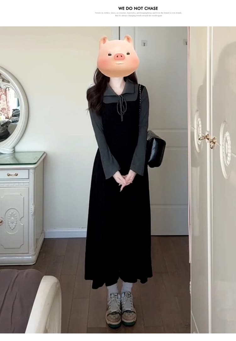 지금 화물 실사 가을 출산 착용 새로운 2026 레트로 미니멀리즘 페이크 레이어드 긴팔 니트 임산부 드레스 상세 이미지 10