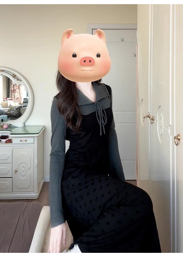 지금 화물 실사 가을 출산 착용 새로운 2026 레트로 미니멀리즘 페이크 레이어드 긴팔 니트 임산부 드레스 상세 이미지 14