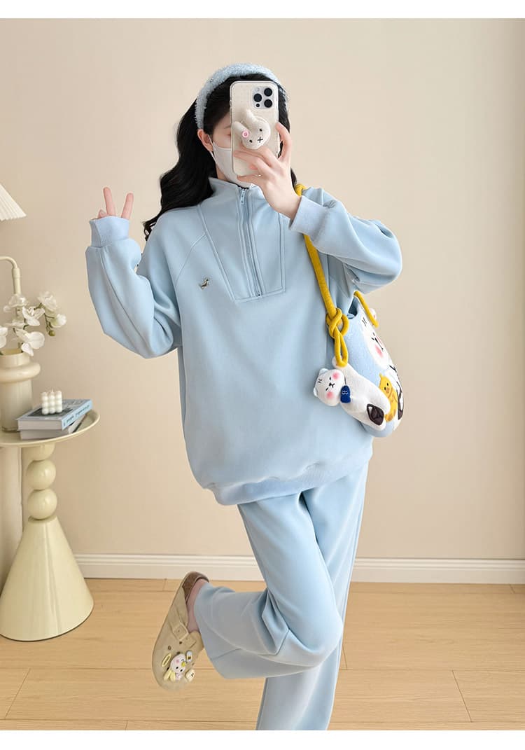 지금 화물 실사 2026 가을 겨울 임산부 새로운 폴로 칼라 만화 패션 긴팔 맨위 캐주얼 바지 임산부 세트 상세 이미지 12