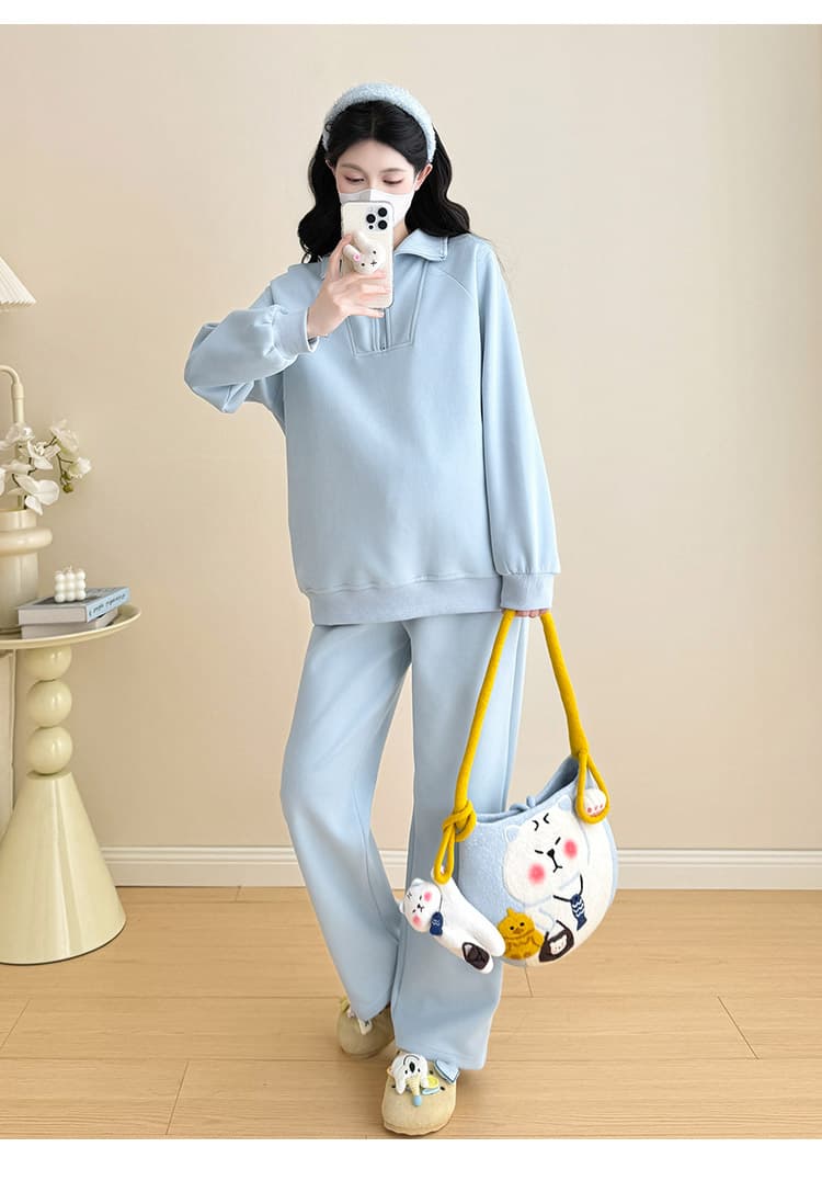 지금 화물 실사 2026 가을 겨울 임산부 새로운 폴로 칼라 만화 패션 긴팔 맨위 캐주얼 바지 임산부 세트 상세 이미지 19